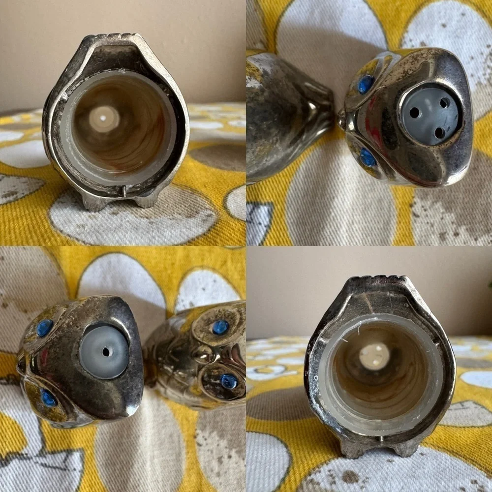 Vintage pewter owl with blue rhinestone eye salt and pepper shaker set